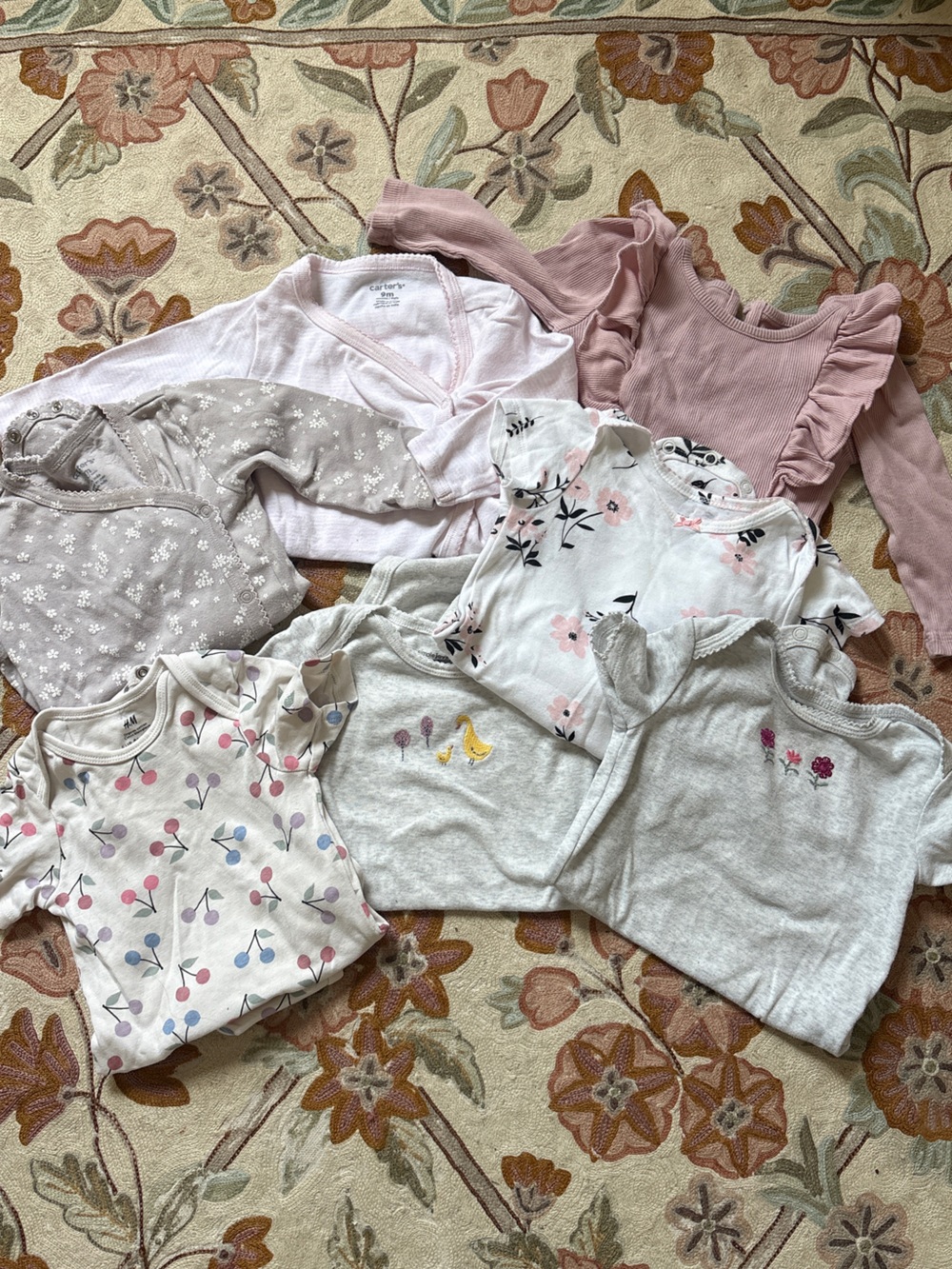 7 Piece Set: Baby Girls Spring Summer Bodysuits, Dainty Floral, Dusty Pink